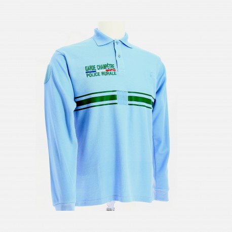 Polo allégé bleu ciel M.longues flockage POLICE RURALE + GRADE POITRINE
